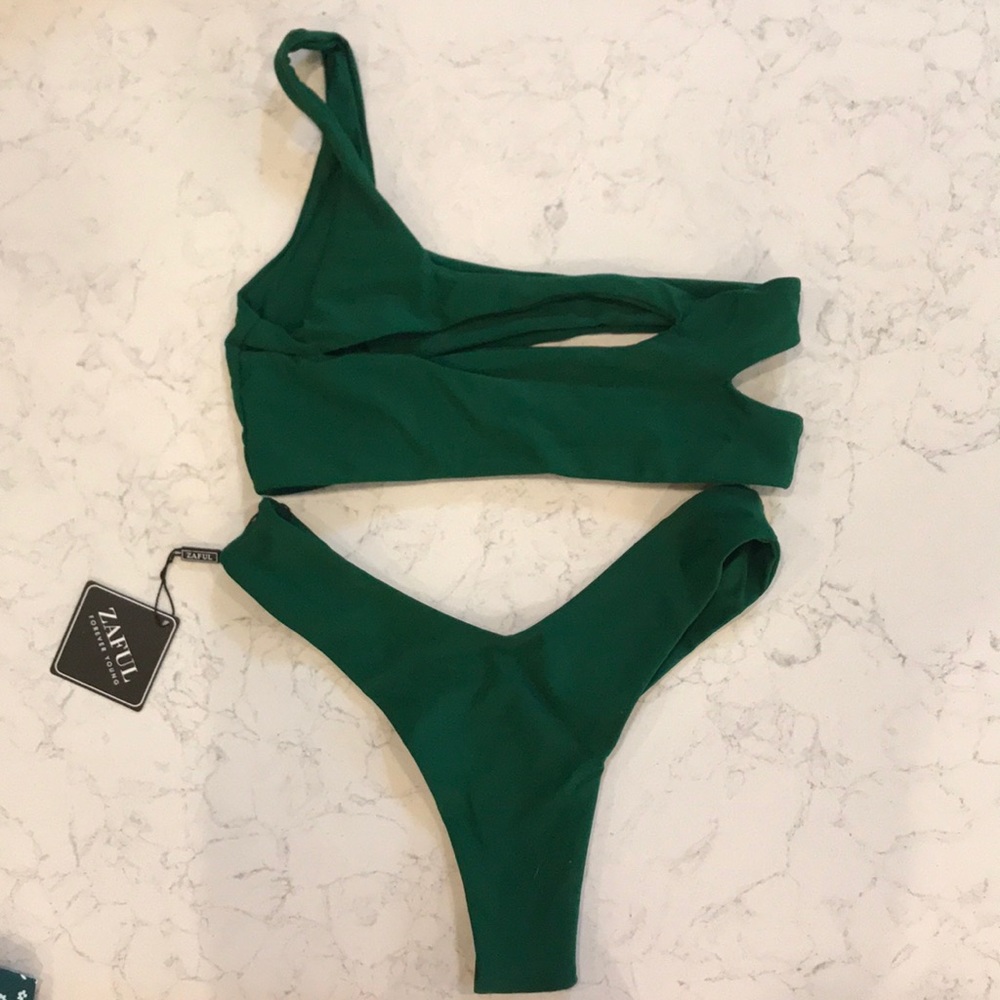 One shoulder dark green zaful bikini